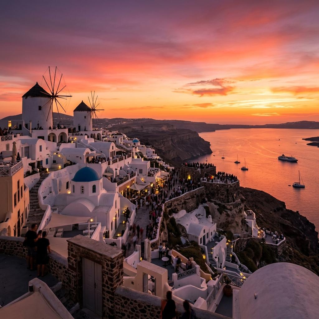 Oia Sunset Shuttle at iconic windmills